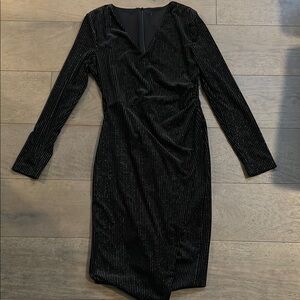 Black Halo Elegant Lurex Stripe Black Velvet Long Sleeve Faux Wrap Dress